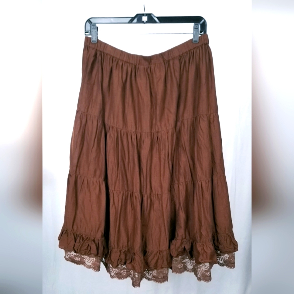 Brown Skirt Lace Trim Lined Boho Hippie Fun  Announcements Size 4/6 Maternity